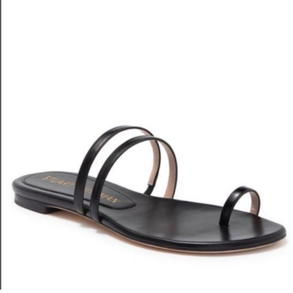 Stuart Weitzman Leonita Slide Sandal Black Leather Toe Thong